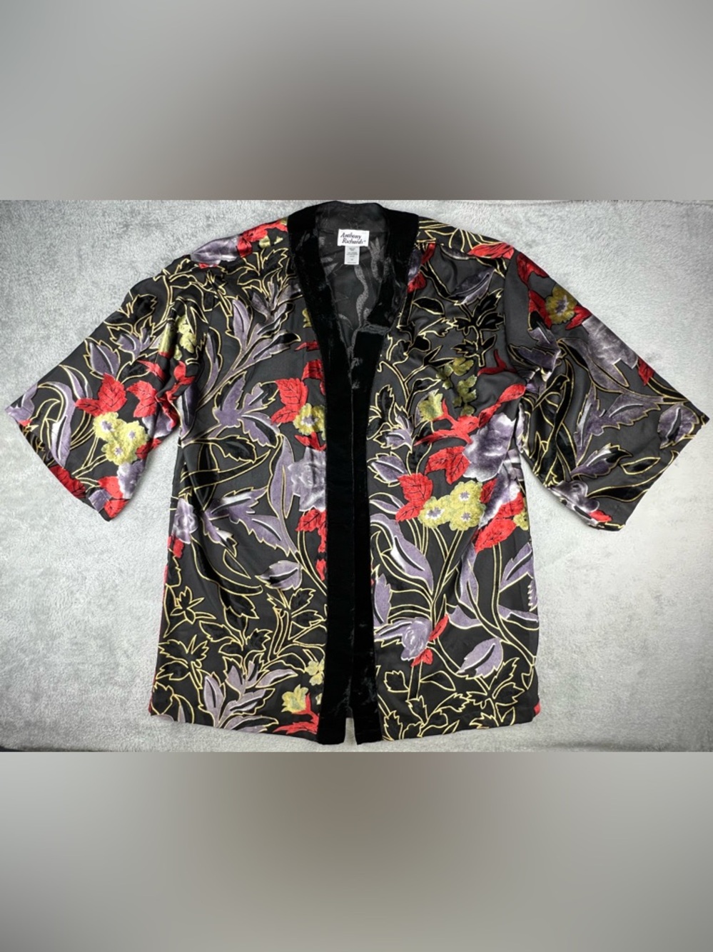 Anthony Richards Black Velvet Burnout Floral Open Cardigan Long Duster Kaftan OS